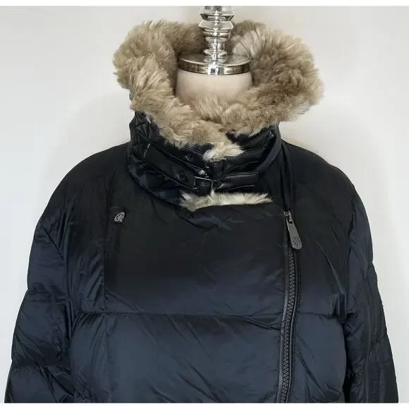 Alp N Rock Duck Down Puffer Coat Faux Fur Womens Large Black Long Buckles Jacket - Picture 2 of 13